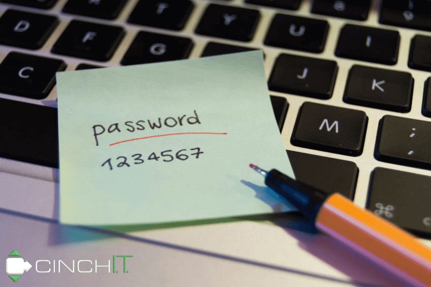 Network Security - sticky note on laptop keyboard demonstrates insecure password.